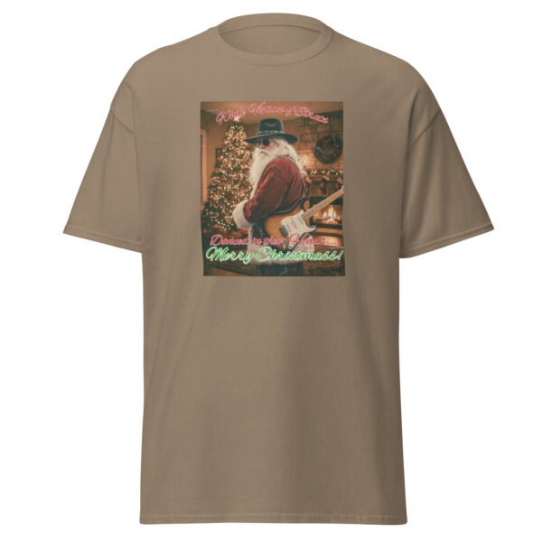 Image of the viral "Rock & Roll Santa" design for the 2025 Christmas T-shirt, featuring a Stratocaster and vintage aesthetic. Vintage-style Santa Claus wearing dark sunglasses and an SRV-style hat
