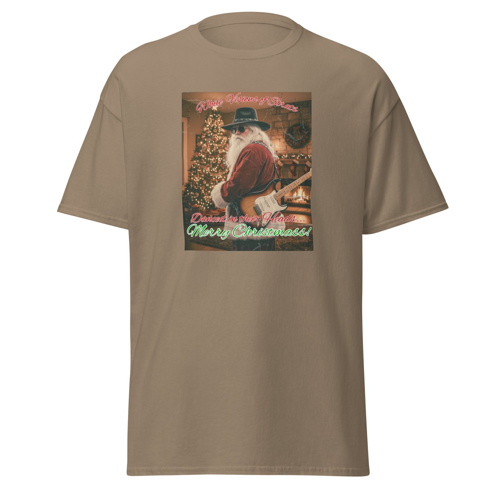 Image of the viral "Rock & Roll Santa" design for the 2025 Christmas T-shirt, featuring a Stratocaster and vintage aesthetic. Vintage-style Santa Claus wearing dark sunglasses and an SRV-style hat