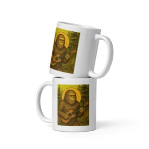 Paddle faster, I hear Ukulele Music! Bigfoot Playing Ukulele White Glossy Mug