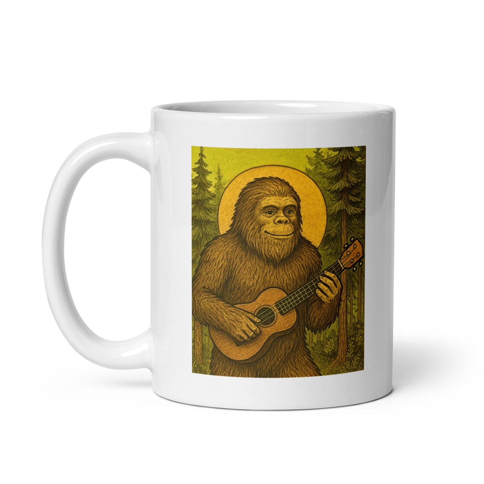 Paddle faster, I hear Ukulele Music! Bigfoot Playing Ukulele White Glossy Mug - Image 5