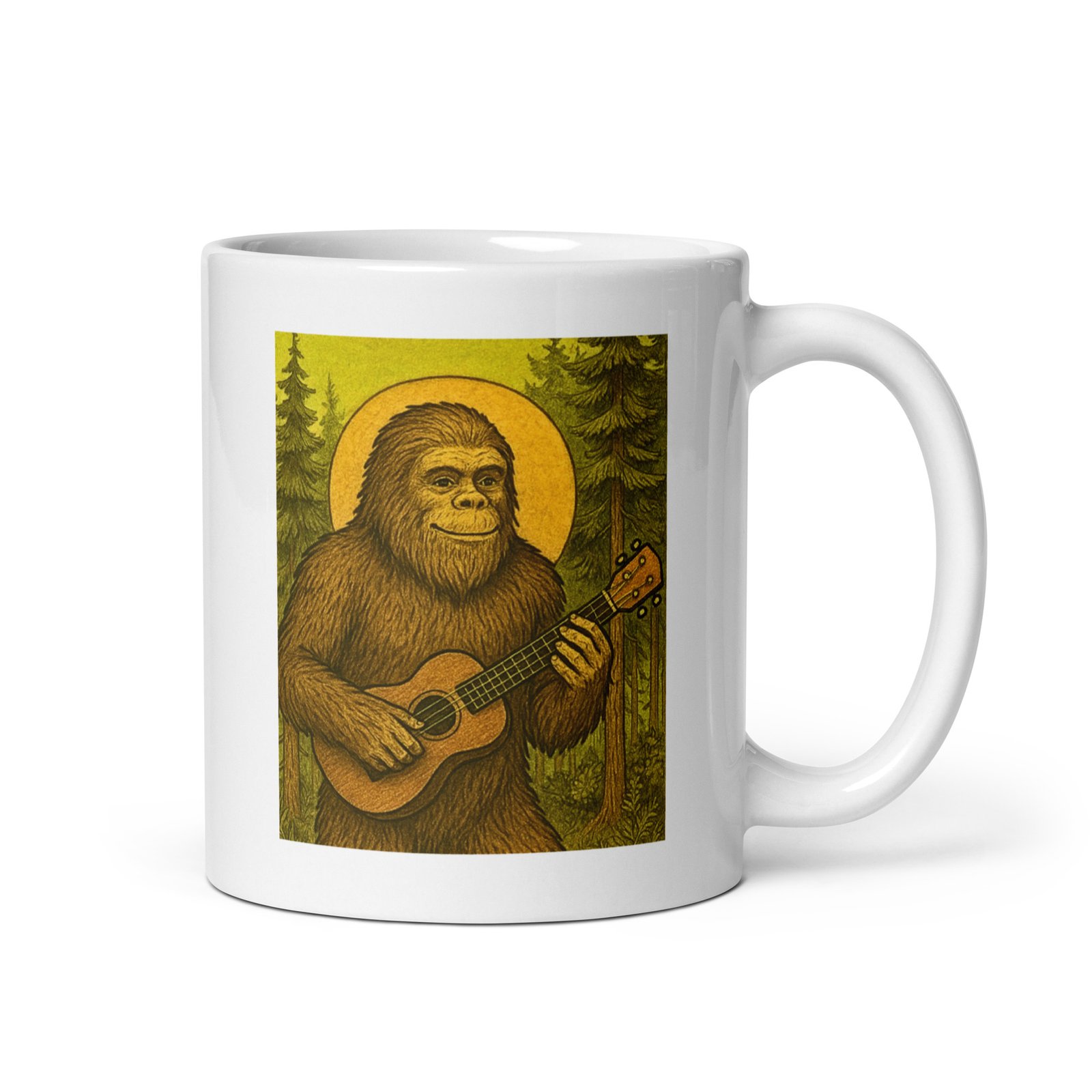 Paddle faster, I hear Ukulele Music! Bigfoot Playing Ukulele White Glossy Mug - Image 4