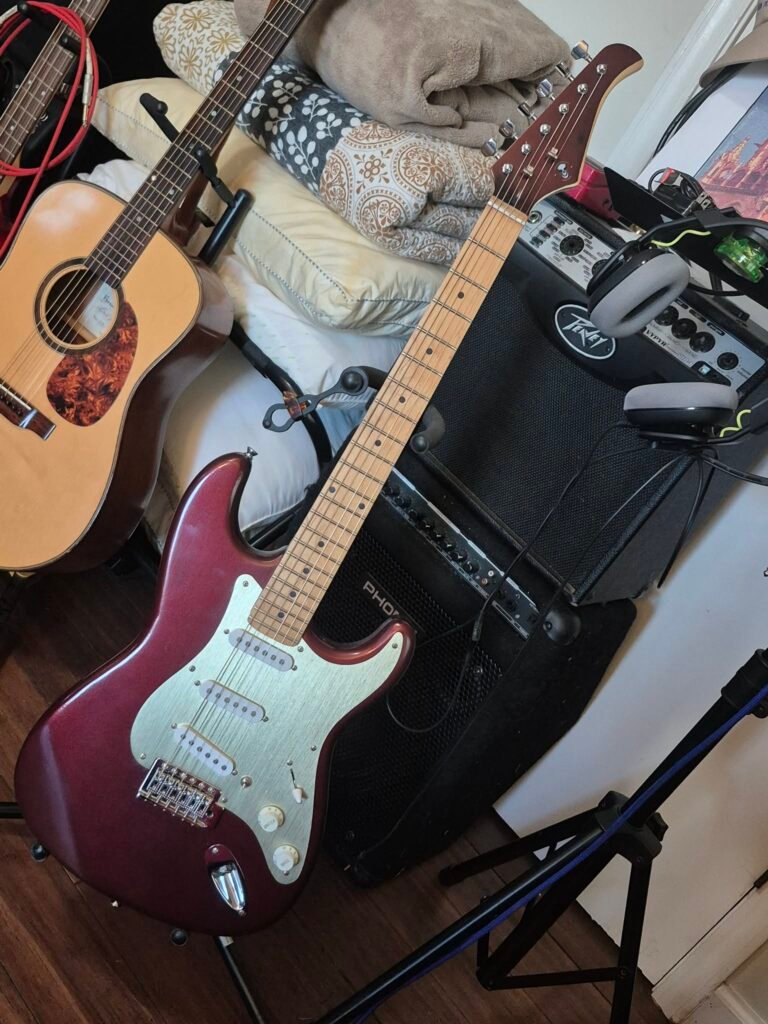 custom guitar, Toreador Red, Gilmour mod, Stratocaster, hand-built, gold hardware, boutique guitar, shredder, blues machine,